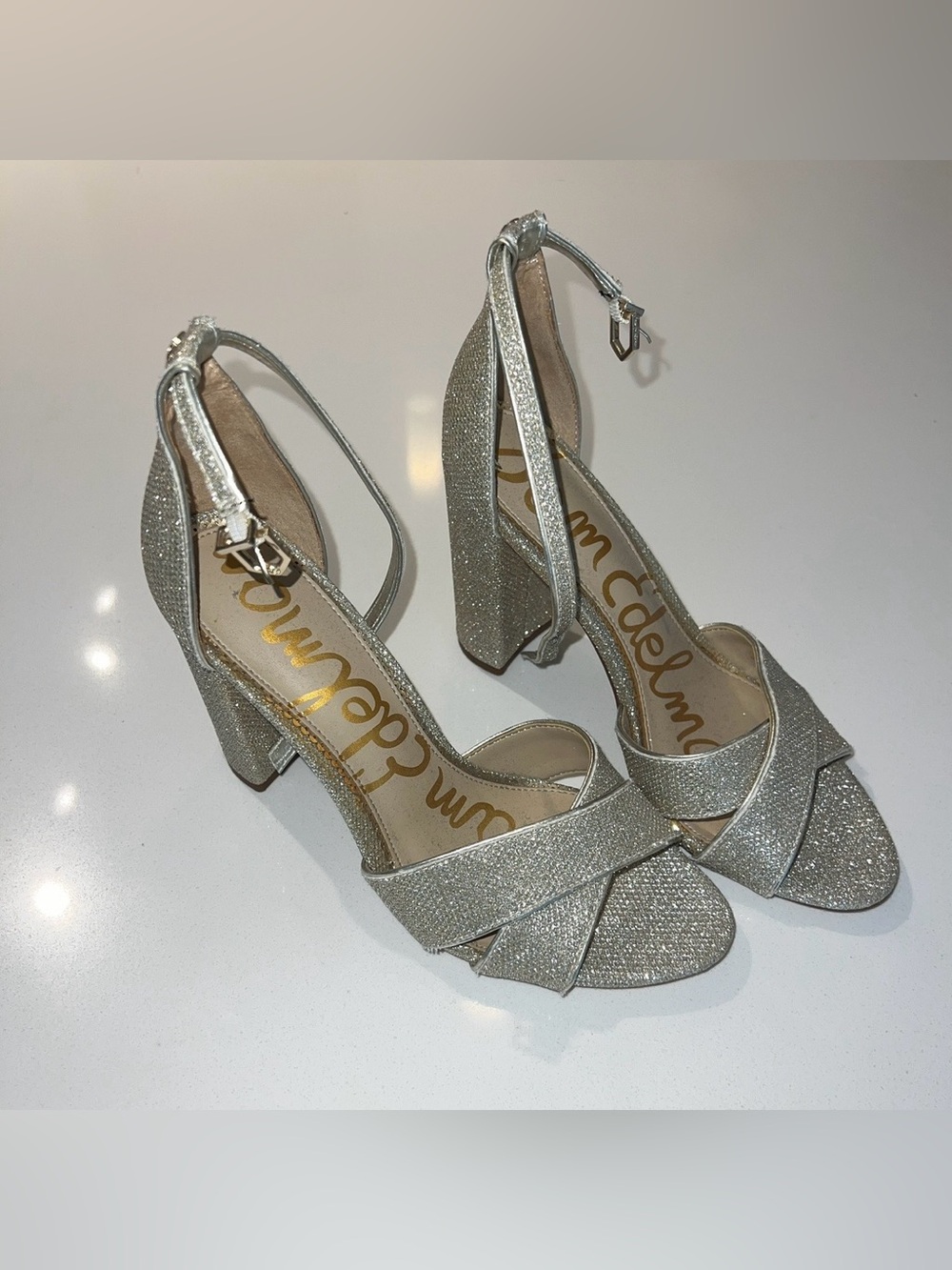 Sam Edelman “Yancy” Sparkly Block Heel Ankle Strap Sandal